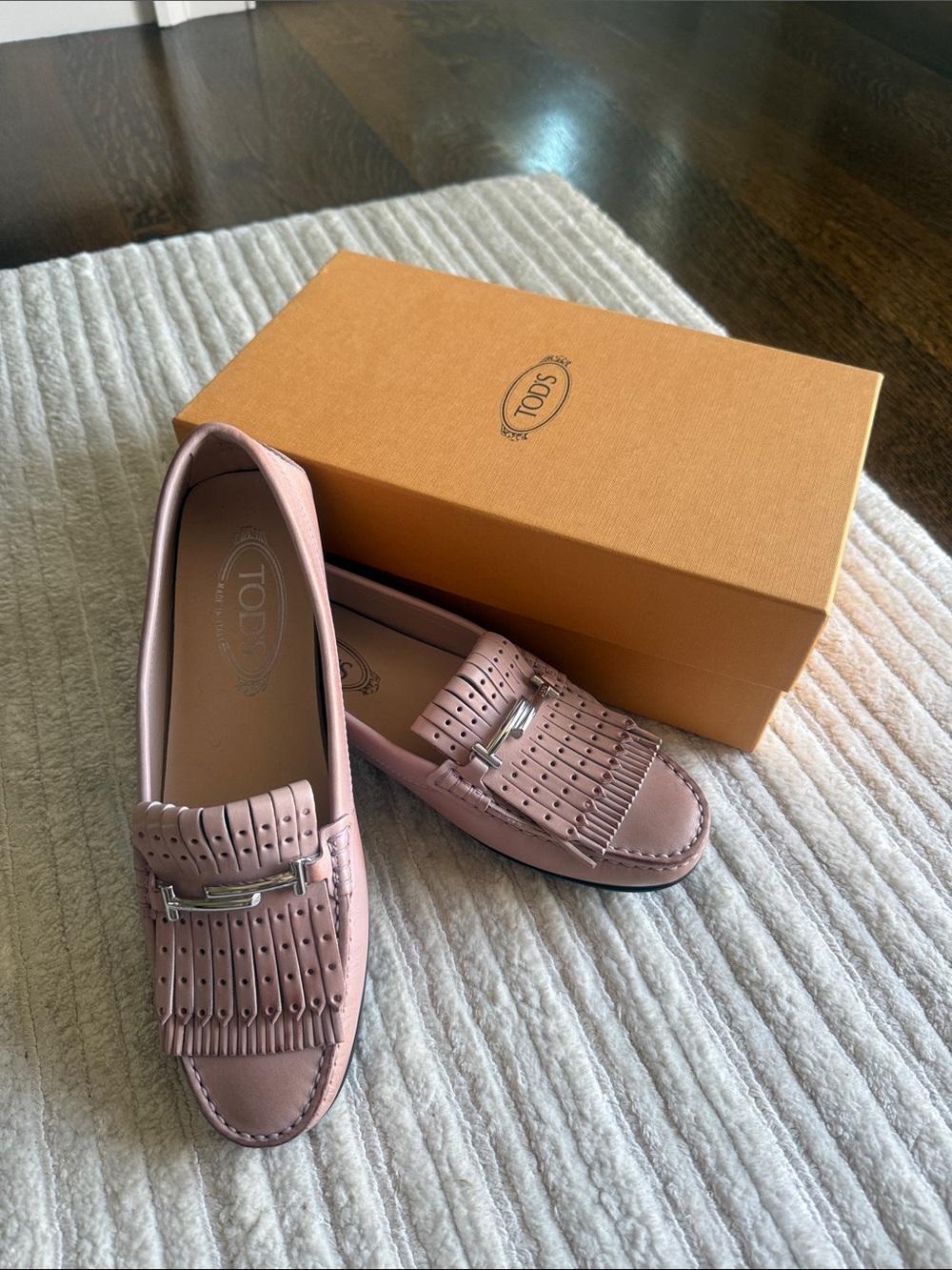 Tod's Blush Pink Leather Fringe Loafers with Silver Accent